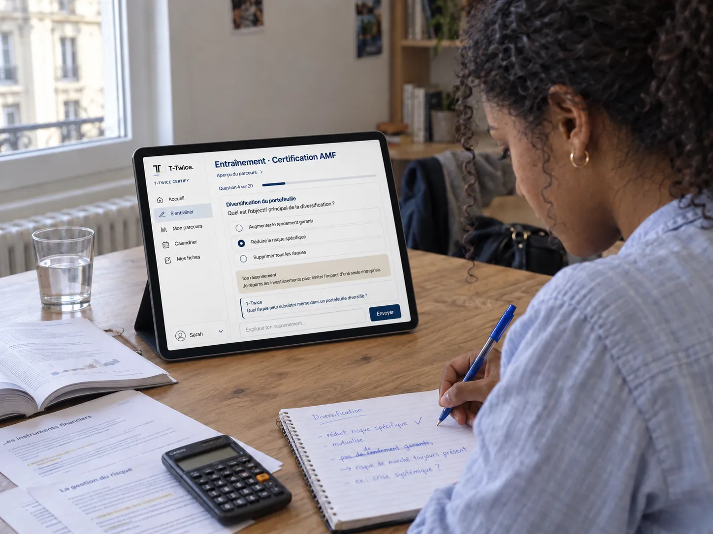 Candidate préparant une certification professionnelle avec T-Twice Certify sur tablette.
