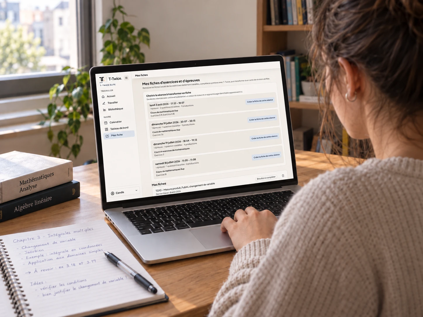Étudiant qui révise avec Mes fiches T-Twice Elite sur son ordinateur.