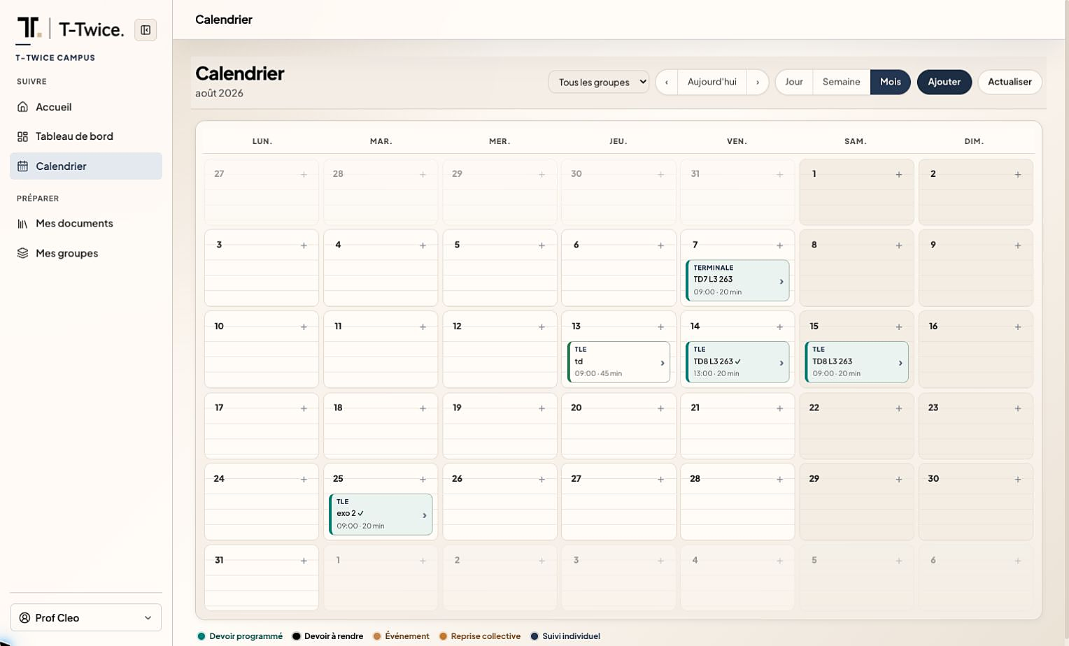 Campus : Calendrier des devoirs et suivis de classe.