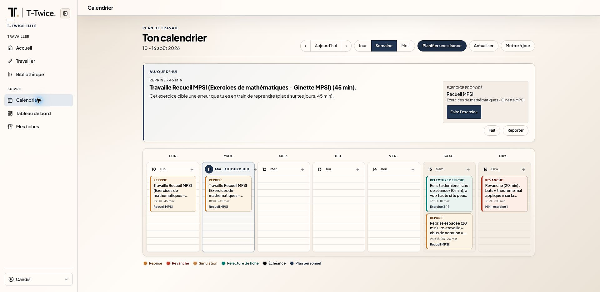 Calendrier : plan de travail avec reprises ciblées.