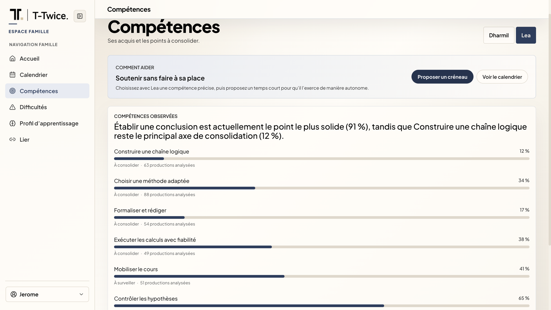 Espace famille : compétences observées et points à consolider.