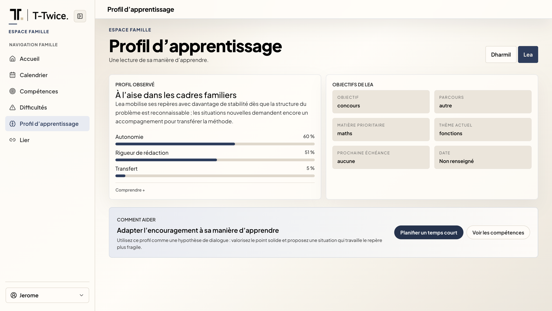 Espace famille : profil d’apprentissage et objectifs de l’enfant.