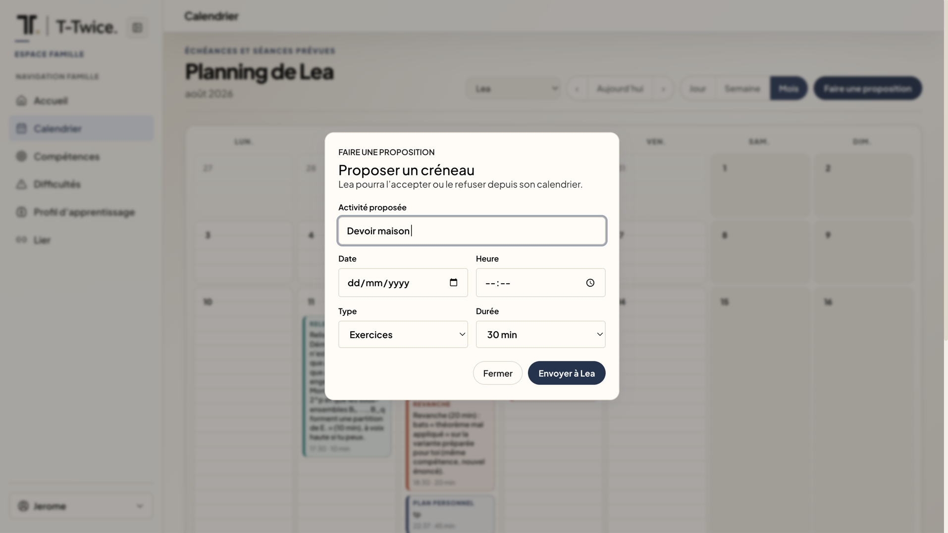 Espace famille : proposer un créneau de travail dans le calendrier.